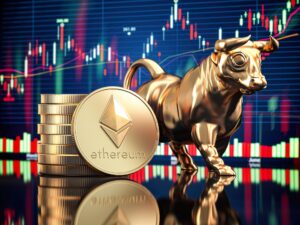 Ethereum coin with bull and stock chart. Bullish market of ETH.