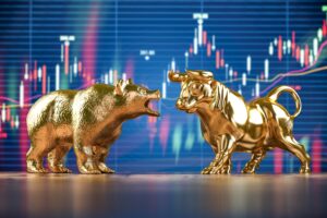 Golden bull and bear on stock data chart background. Investing, stock exchange financial